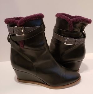 Fendi black leather purple shearling wedge bootie